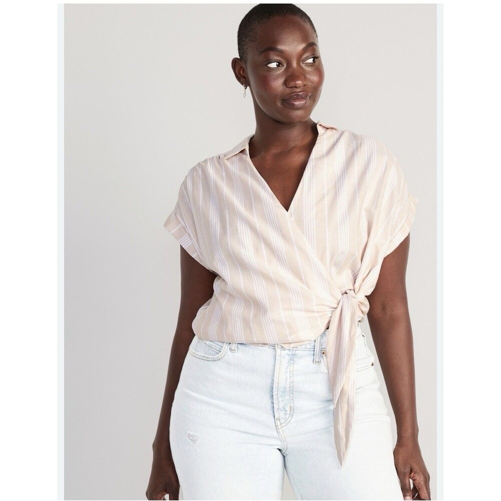 Old Navy Wrap-Front Cropped Oxford Sarong Blouse XXL Cotton Cream Striped NEW